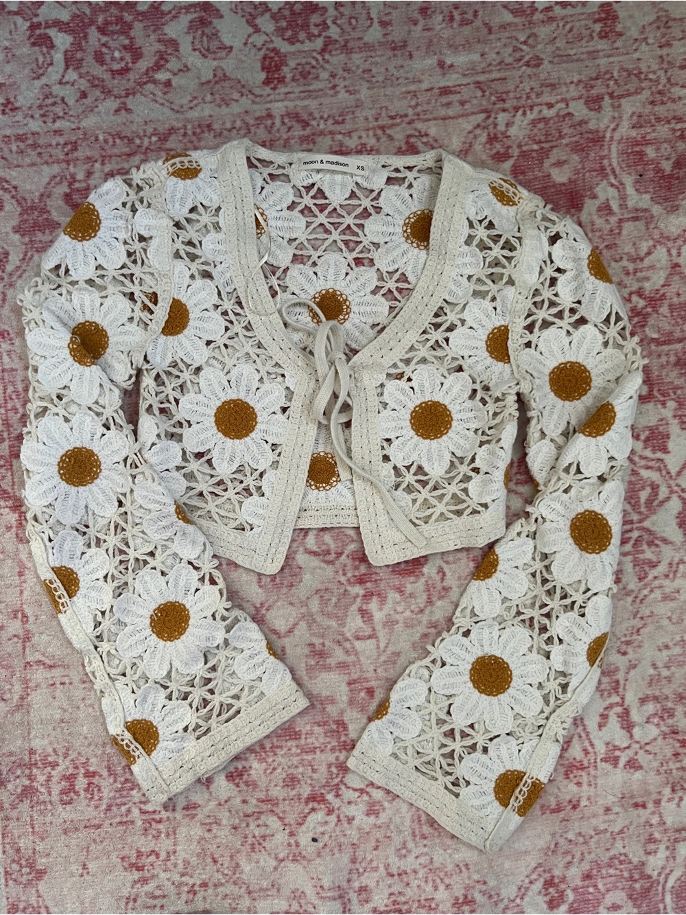 moon & madison Crochet Daisy Tie-Front Cardigan in Cream and Mustard - Picture 1 of 4